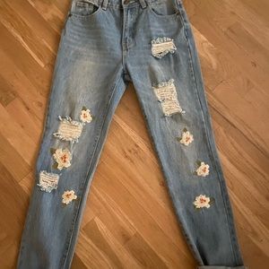 Chelsea & Violet deconstructed embroidered light colored jeans